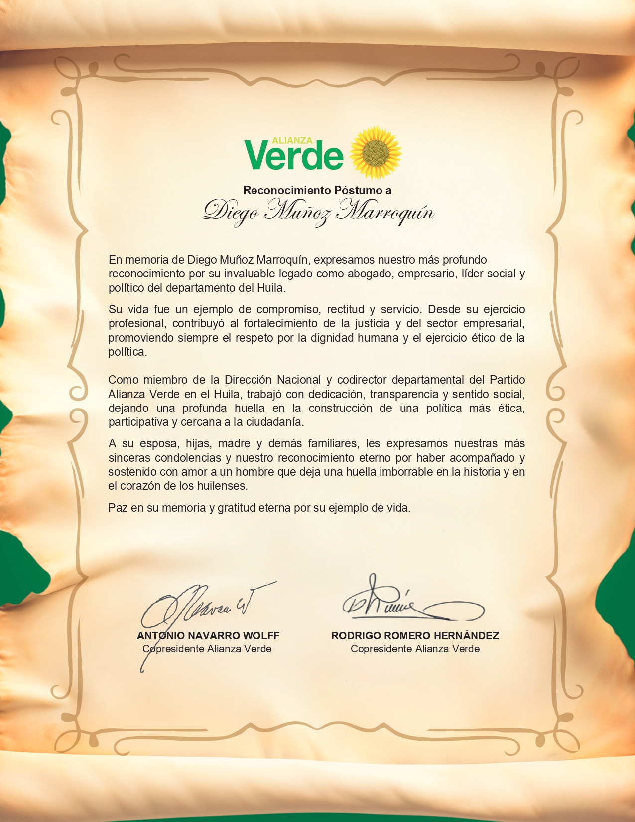 Reconocimiento Póstumo a Diego Muñoz Marroquín Image